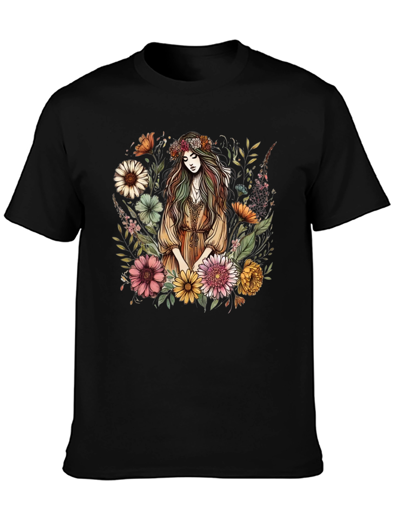 Floral Goddess Graphic Tee - Black Cotton Shirt