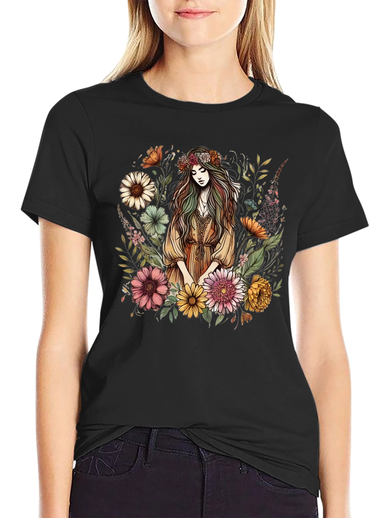 Floral Goddess Graphic Tee - Black Cotton Shirt