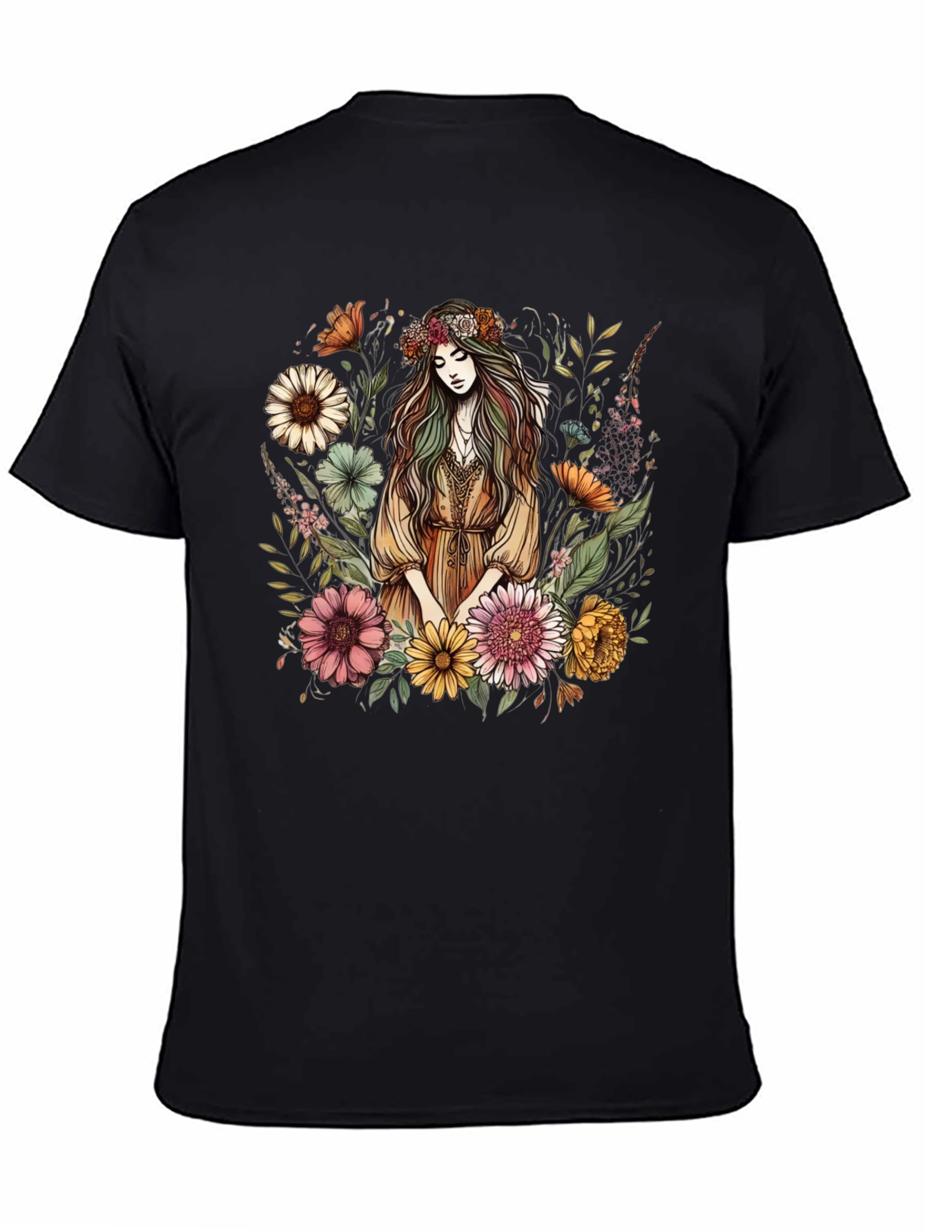 Floral Goddess Graphic Tee - Black Cotton Shirt