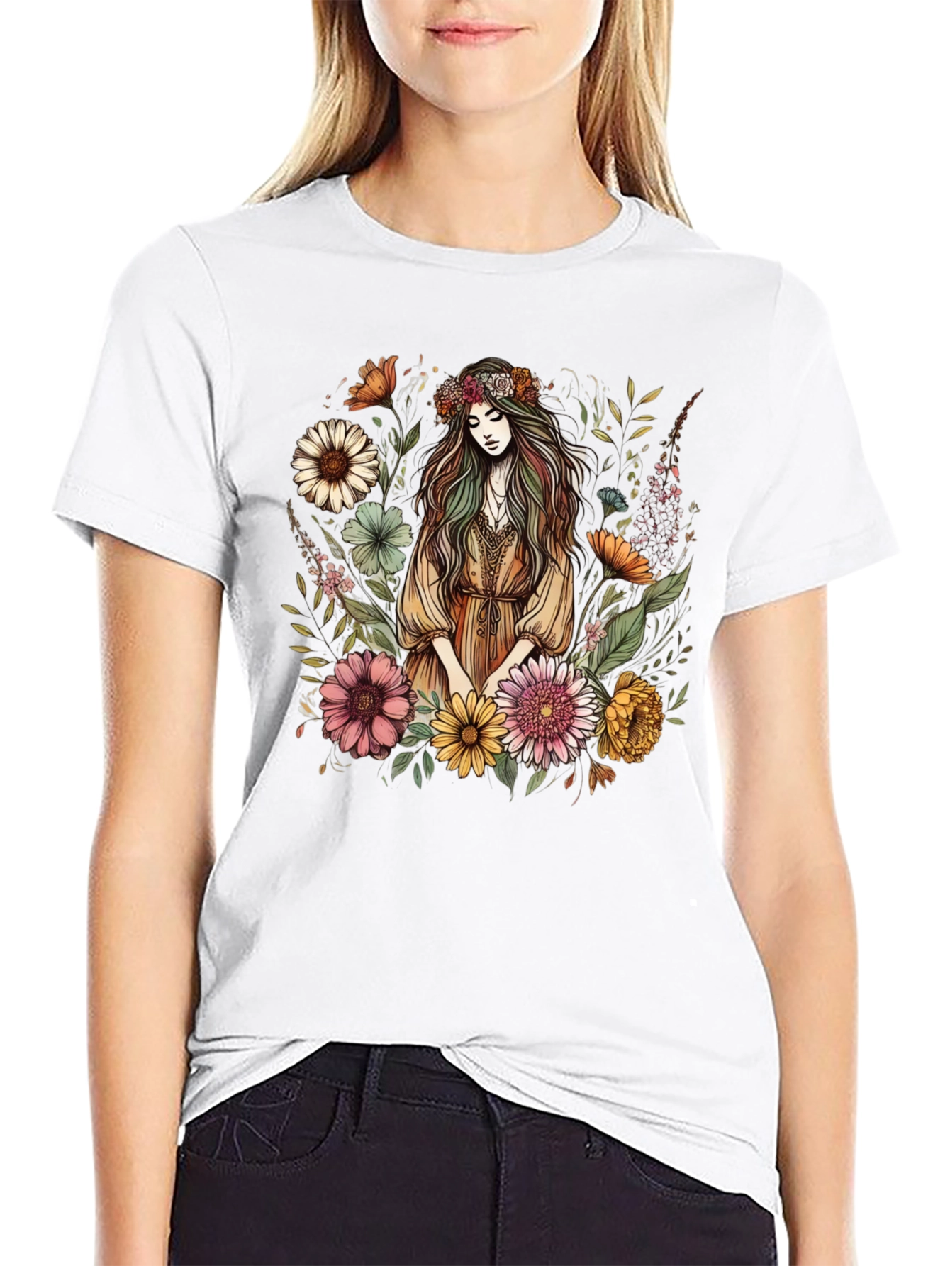Floral Goddess Graphic Tee - Black Cotton Shirt