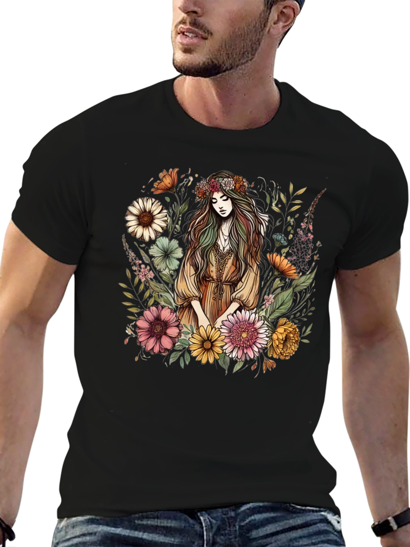 Floral Goddess Graphic Tee - Black Cotton Shirt