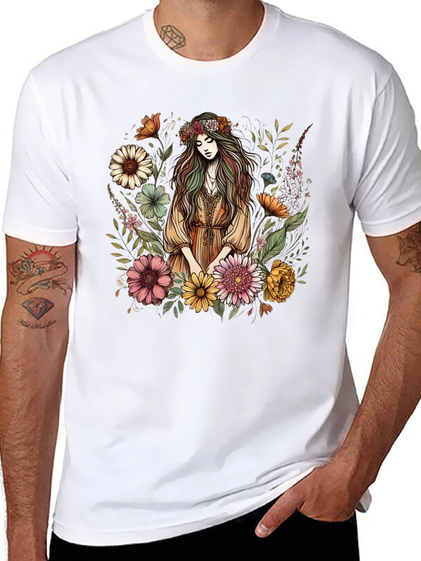 Floral Goddess Graphic Tee - Black Cotton Shirt