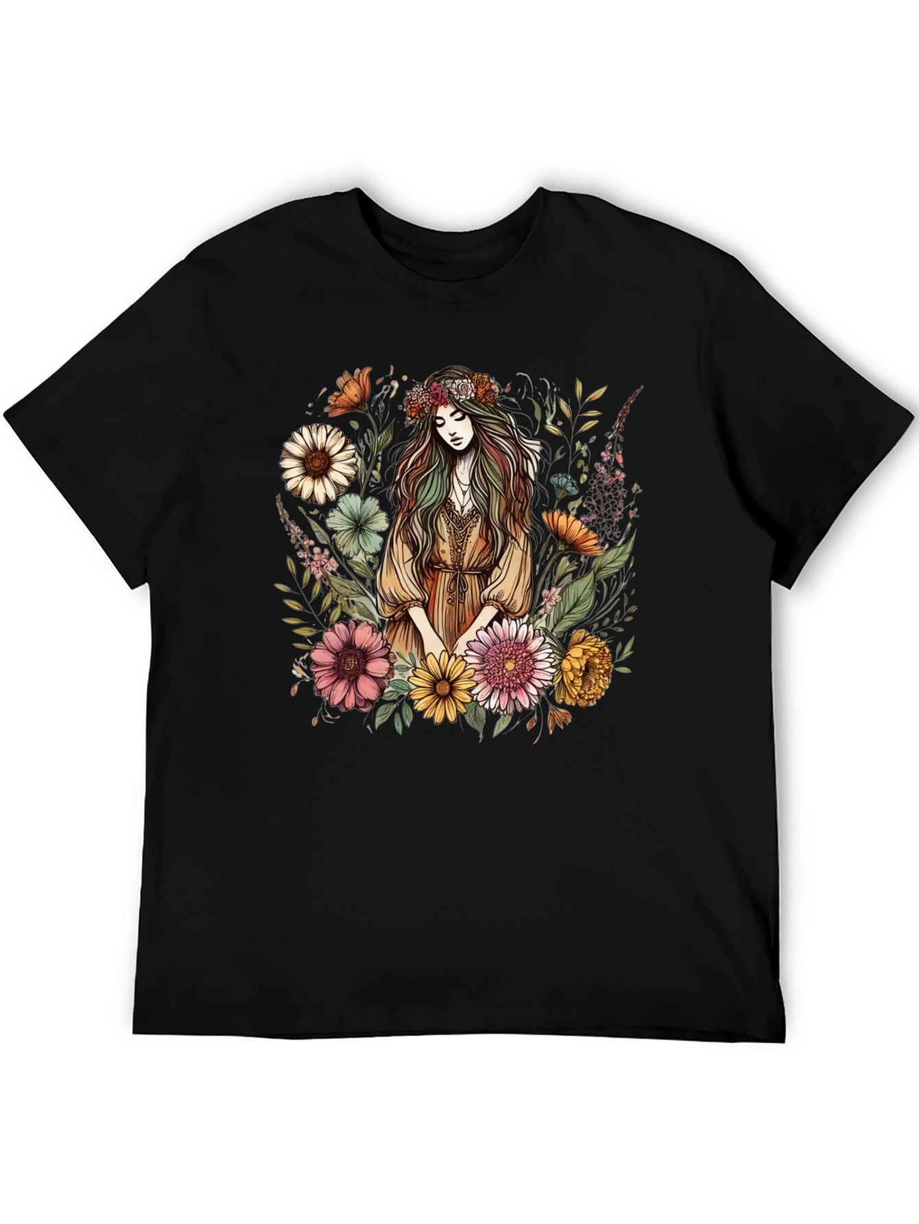 Floral Goddess Graphic Tee - Black Cotton Shirt