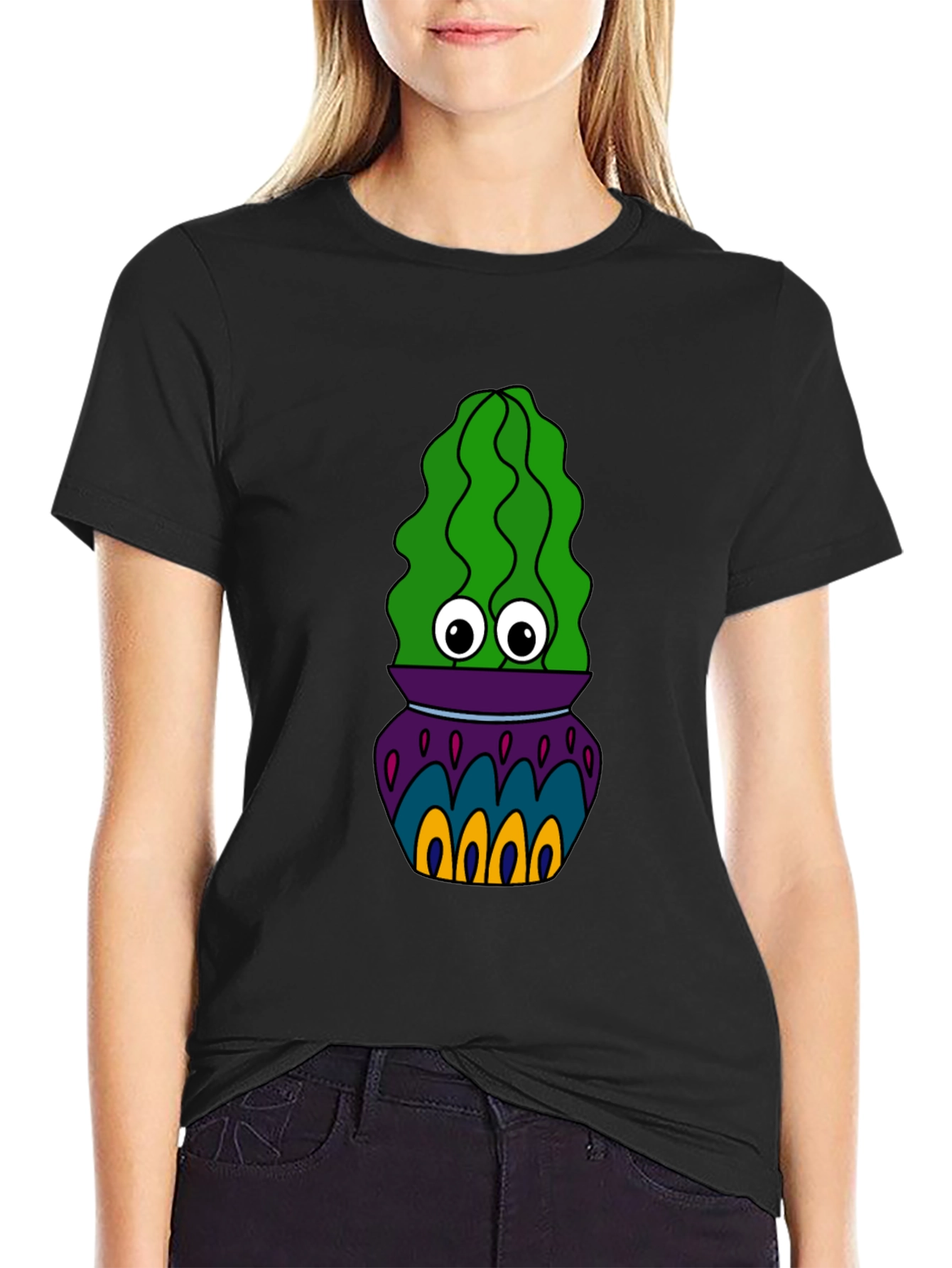 Cactus in Pot Graphic Tee - Funky Black T-Shirt