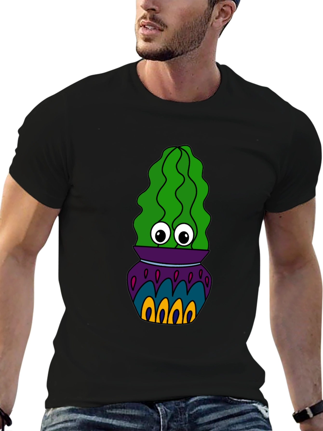 Cactus in Pot Graphic Tee - Funky Black T-Shirt