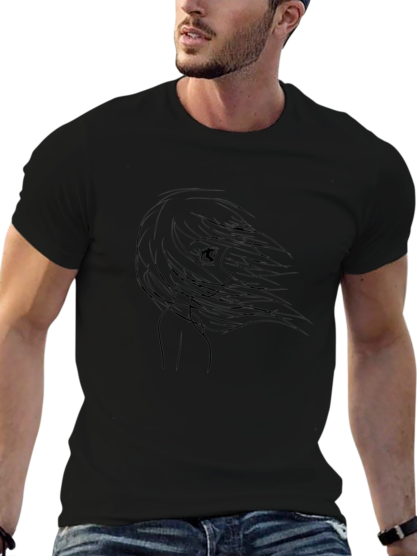 Anime Girl Outline Black T-Shirt