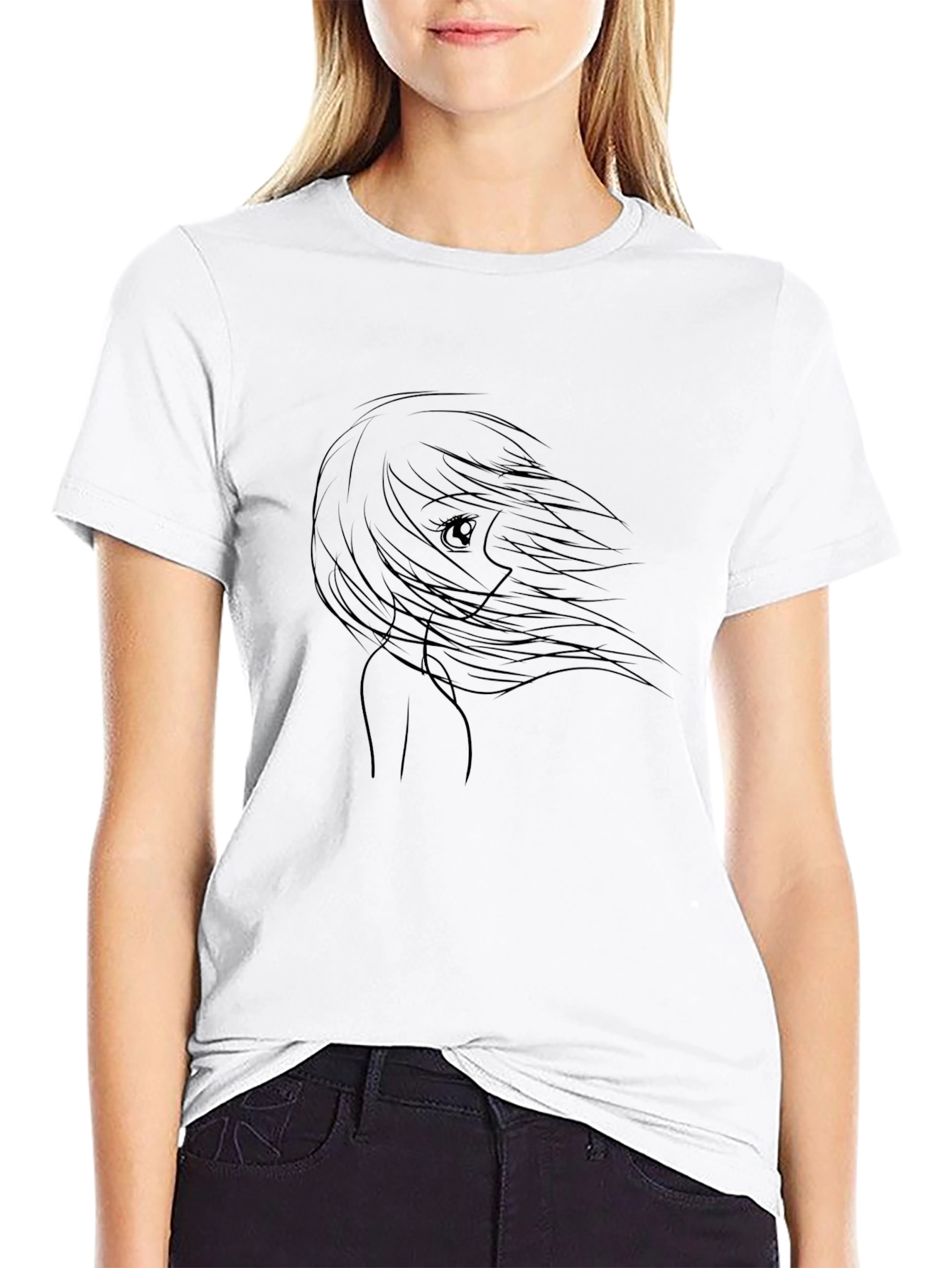 Anime Girl Outline Black T-Shirt
