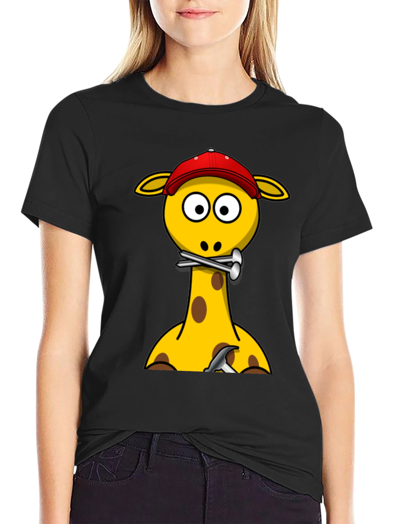 Giraffe Builder T-Shirt - Cartoon Animal Crew Neck Tee