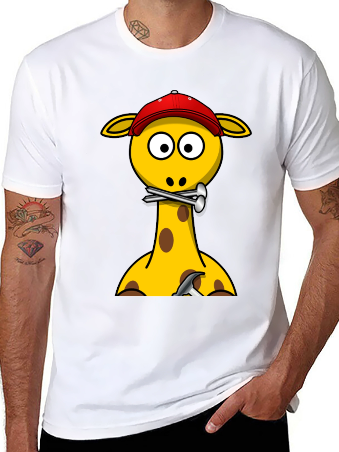 Giraffe Builder T-Shirt - Cartoon Animal Crew Neck Tee