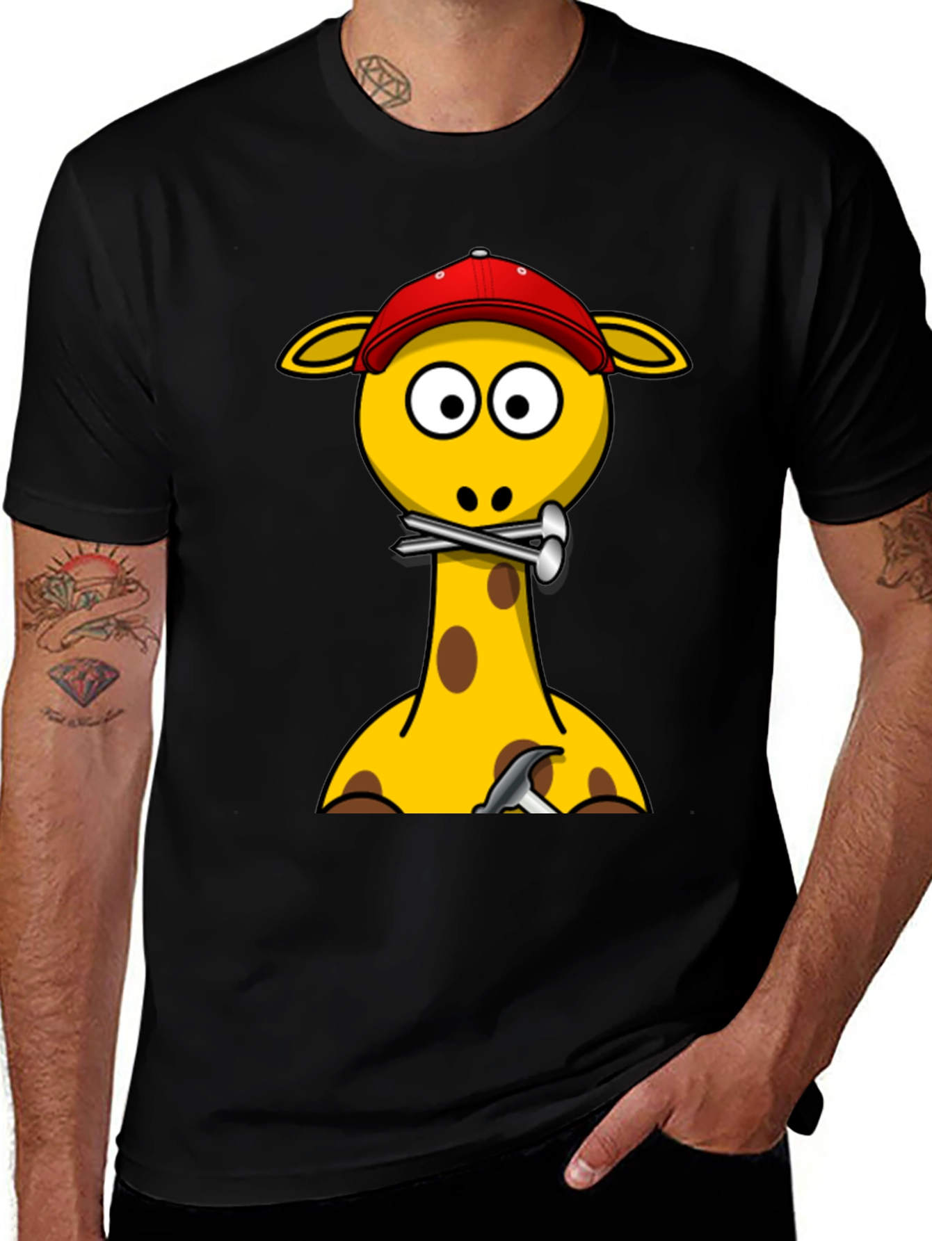 Giraffe Builder T-Shirt - Cartoon Animal Crew Neck Tee