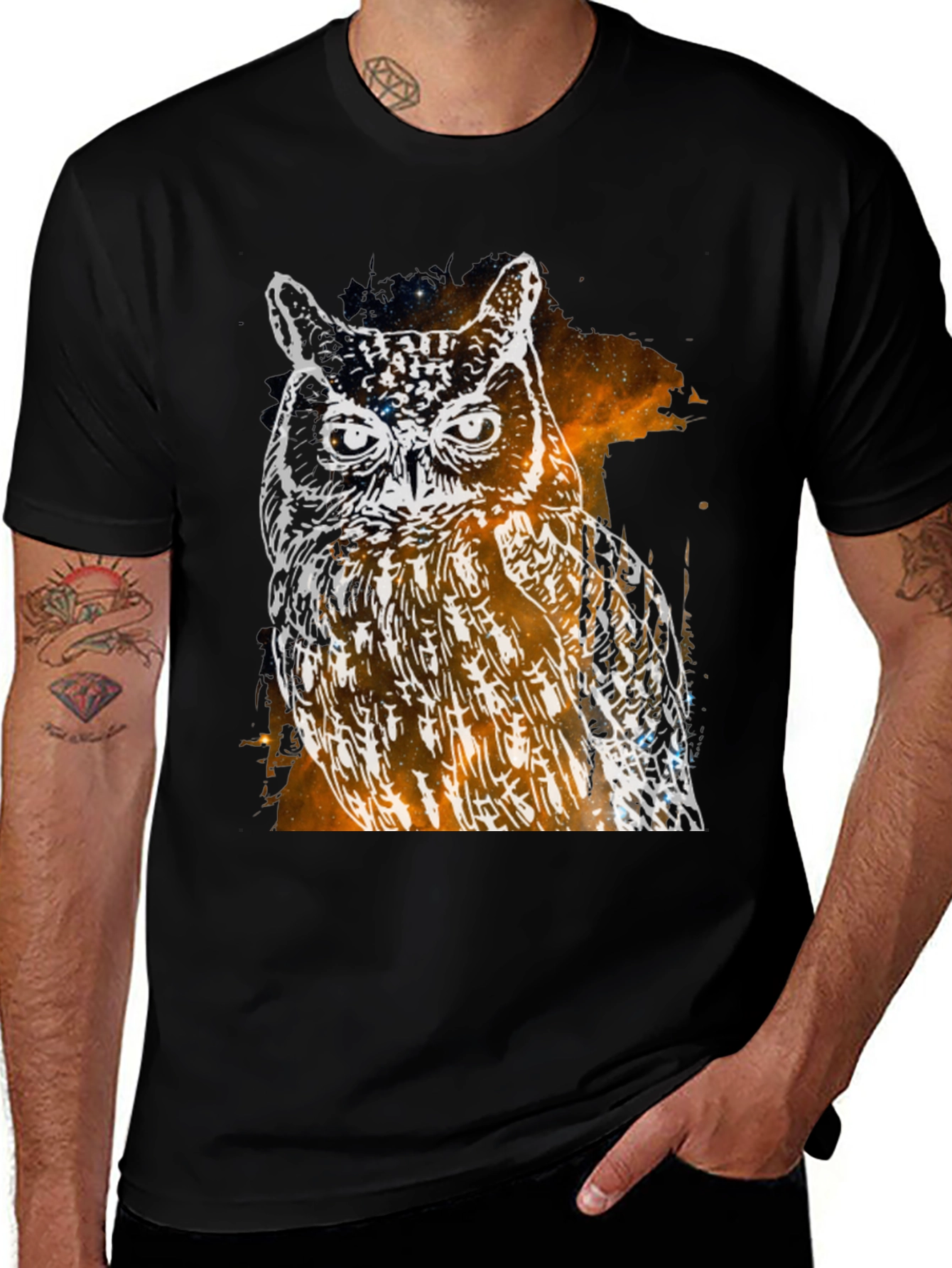 Galaxy Owl Graphic Print Black T-Shirt