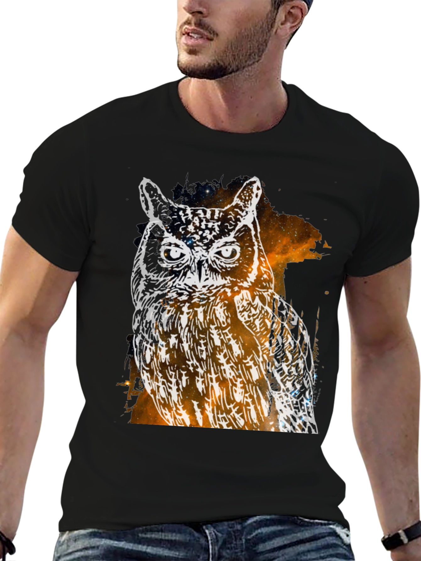 Galaxy Owl Graphic Print Black T-Shirt