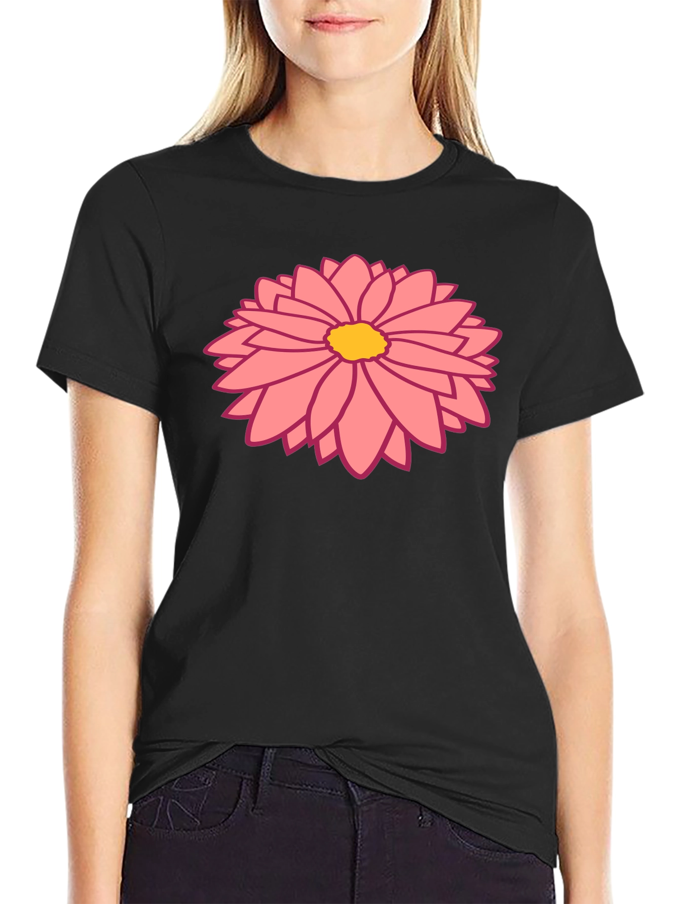 Black T-Shirt with Pink Floral Design