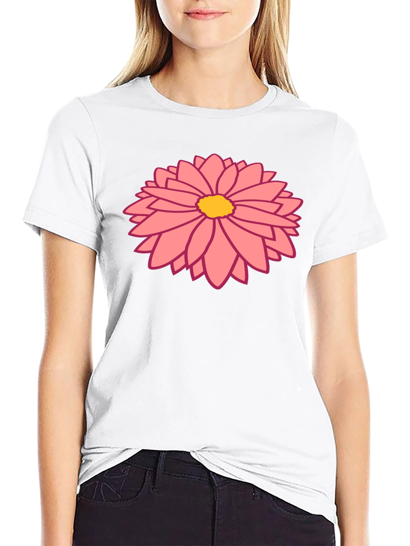 Black T-Shirt with Pink Floral Design
