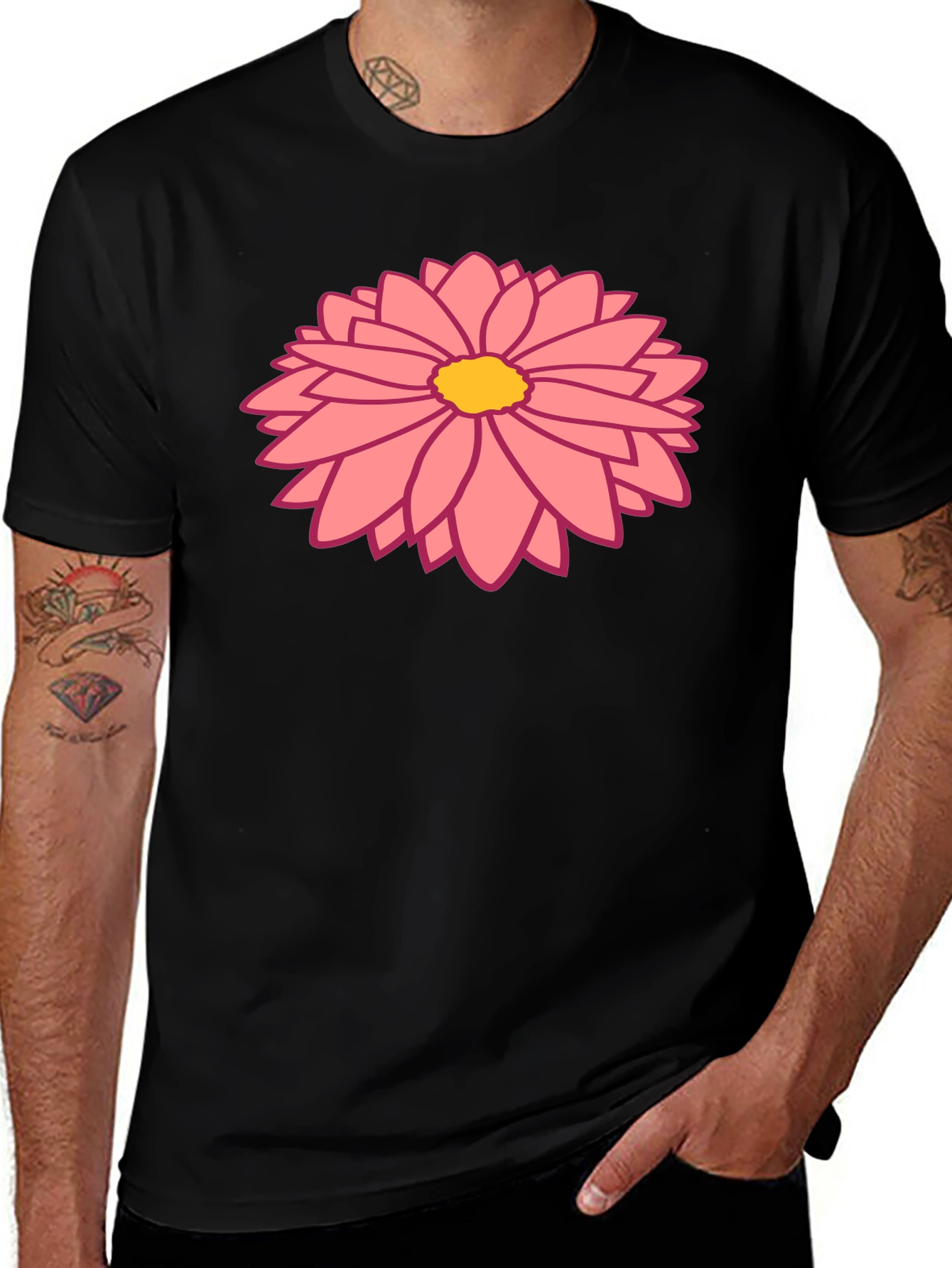 Black T-Shirt with Pink Floral Design
