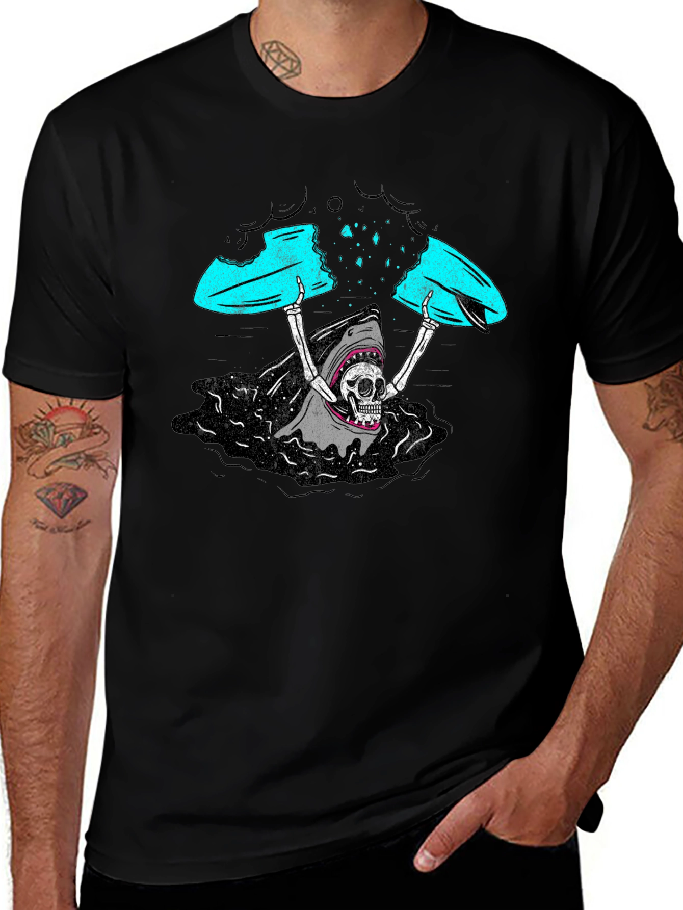 Shark Skeleton Surfing Graphic Tee