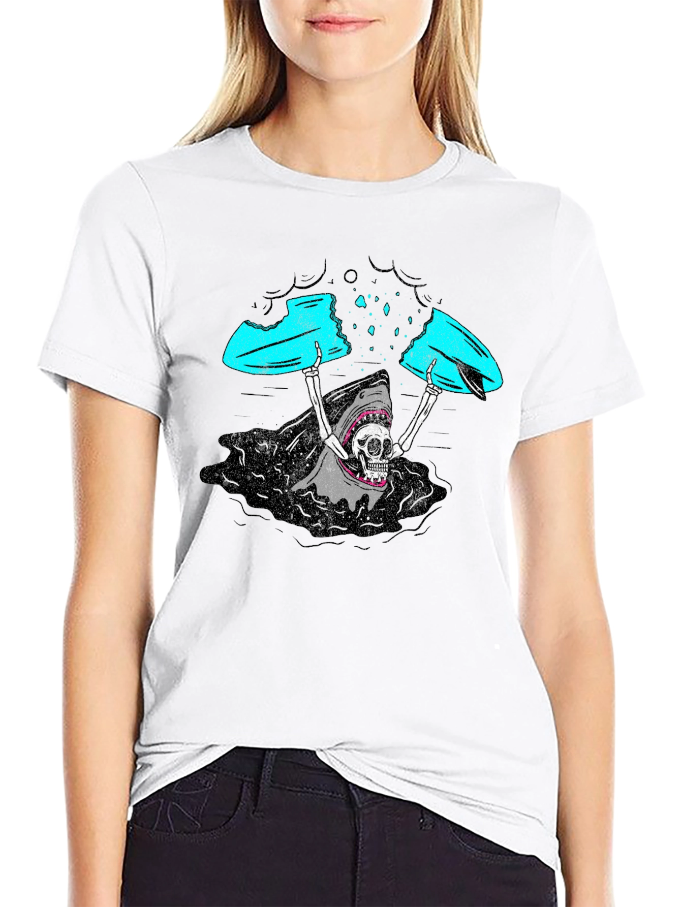 Shark Skeleton Surfing Graphic Tee