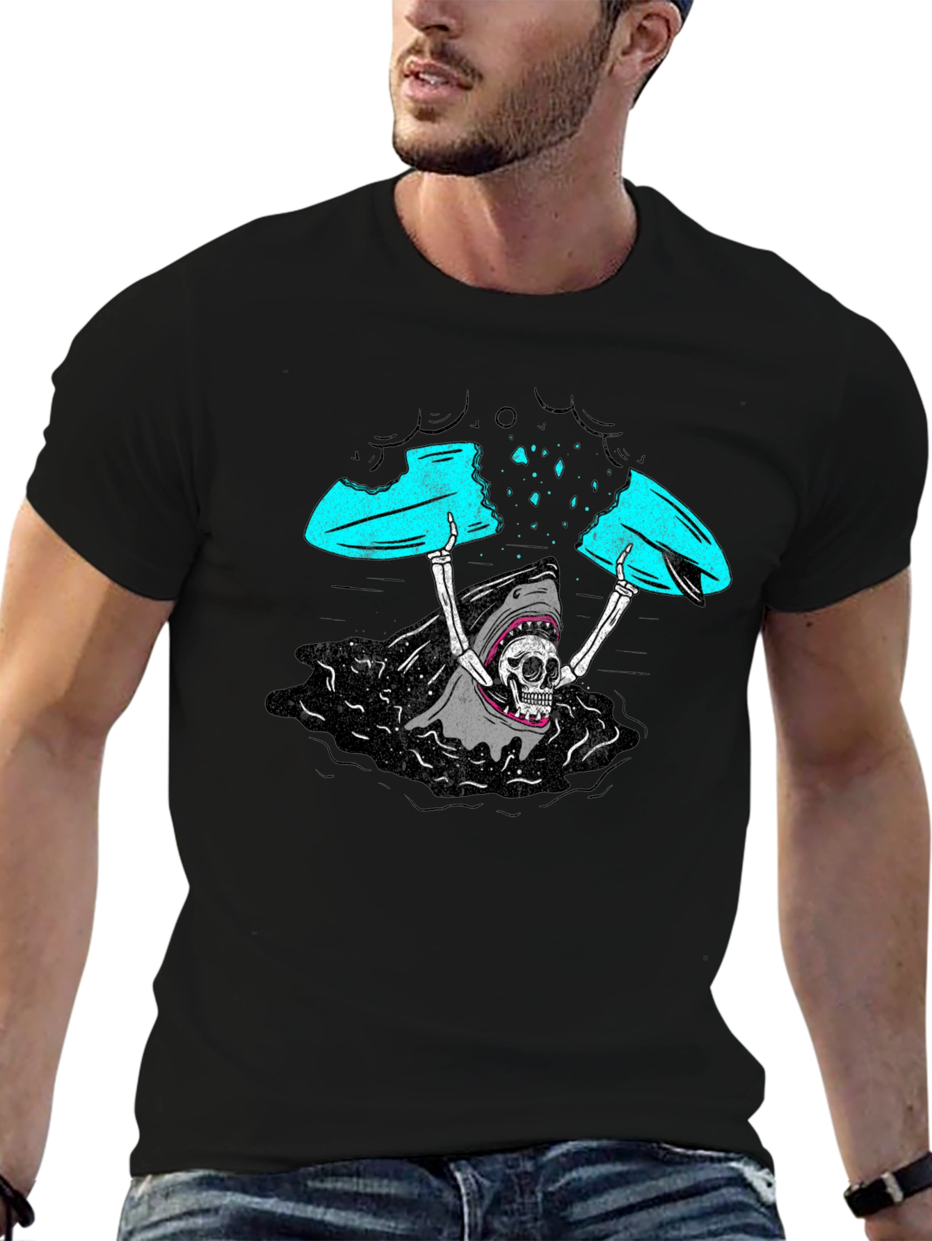 Shark Skeleton Surfing Graphic Tee