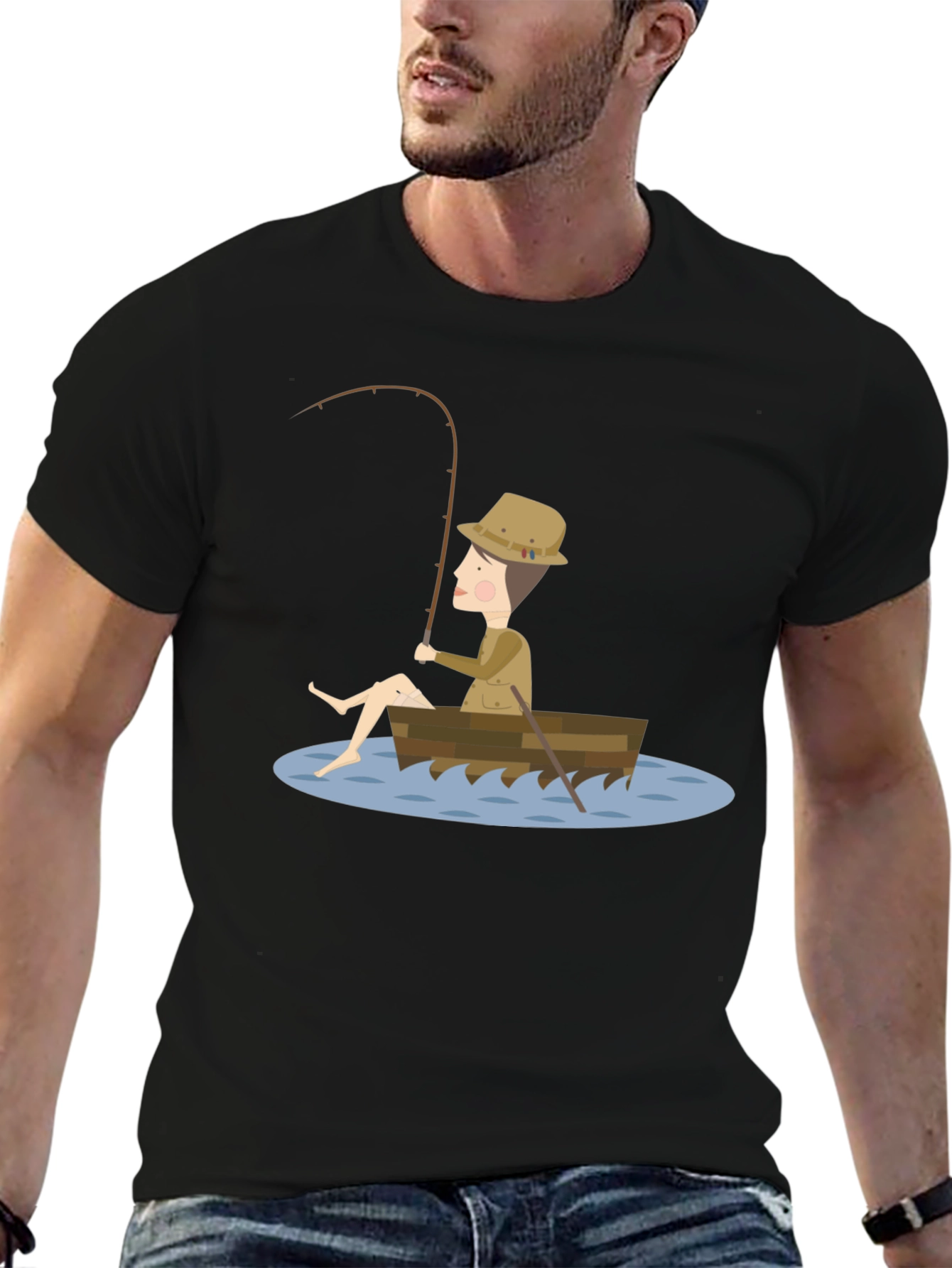 Fisherman Cartoon T-Shirt - Unisex Black Tee