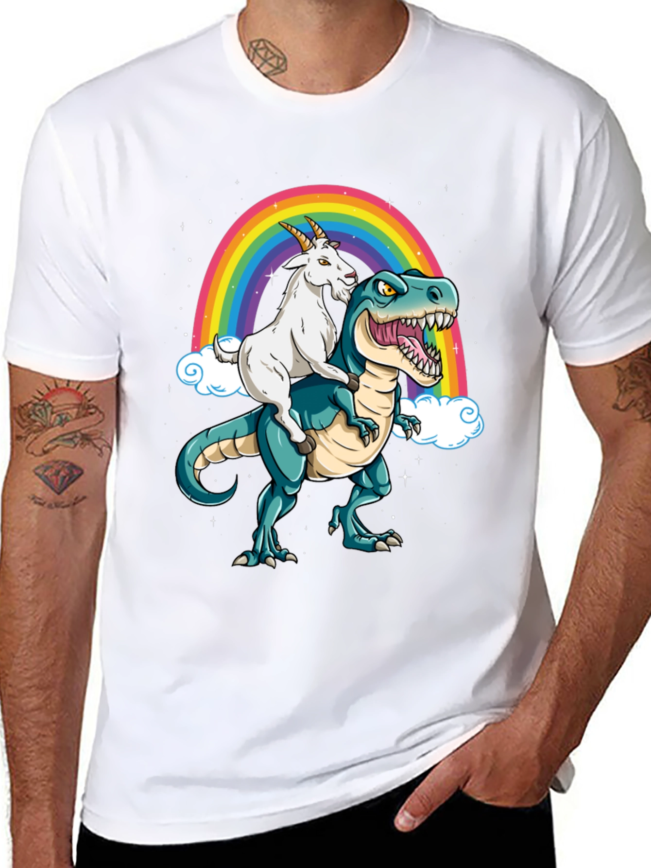 Goat Riding Dinosaur Rainbow Graphic Tee
