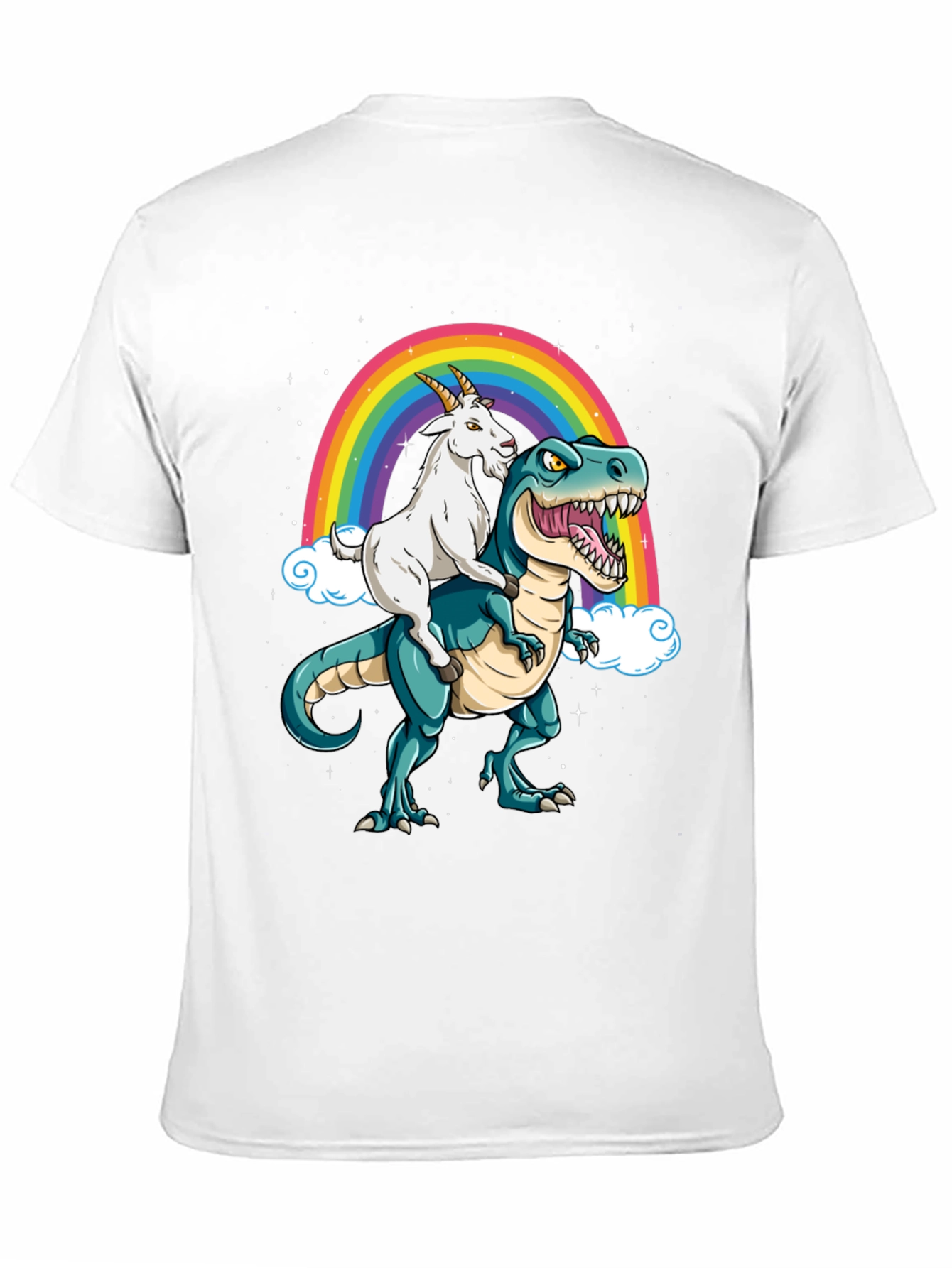 Goat Riding Dinosaur Rainbow Graphic Tee