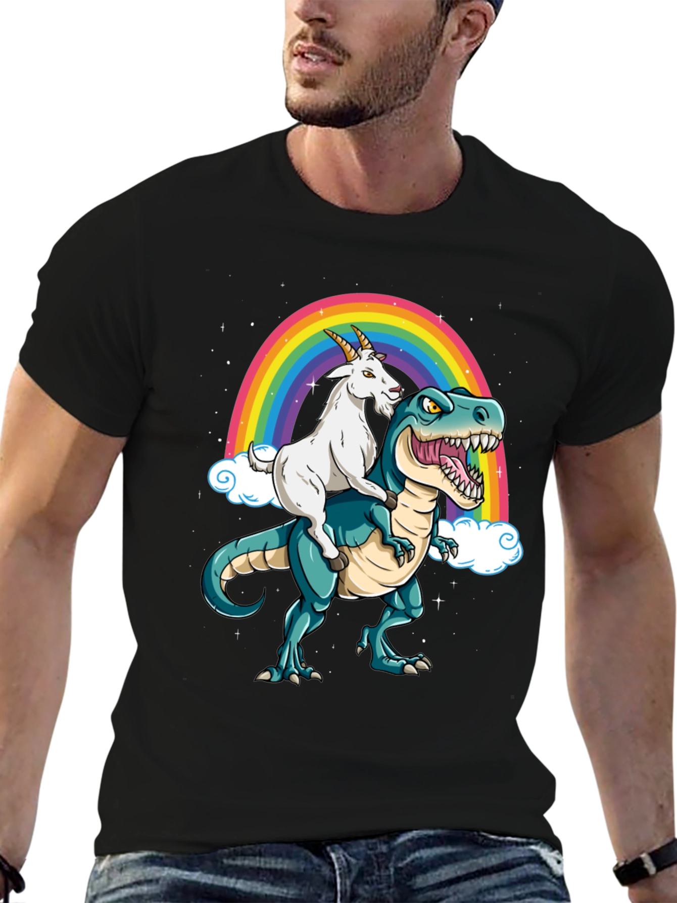 Goat Riding Dinosaur Rainbow Graphic Tee