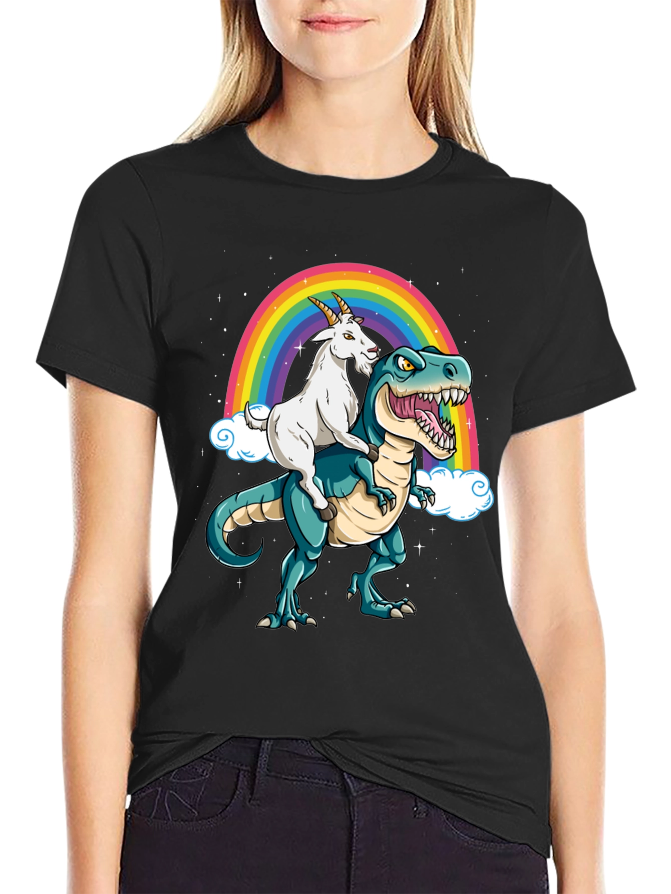 Goat Riding Dinosaur Rainbow Graphic Tee