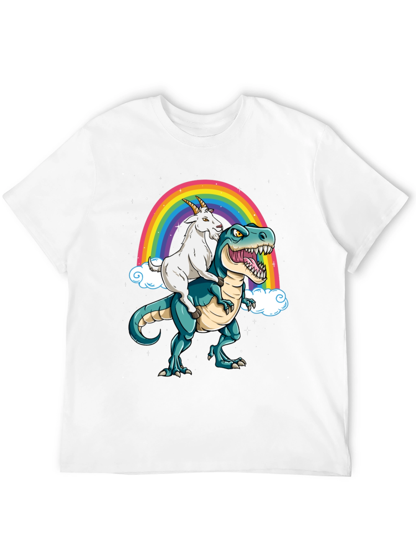 Goat Riding Dinosaur Rainbow Graphic Tee