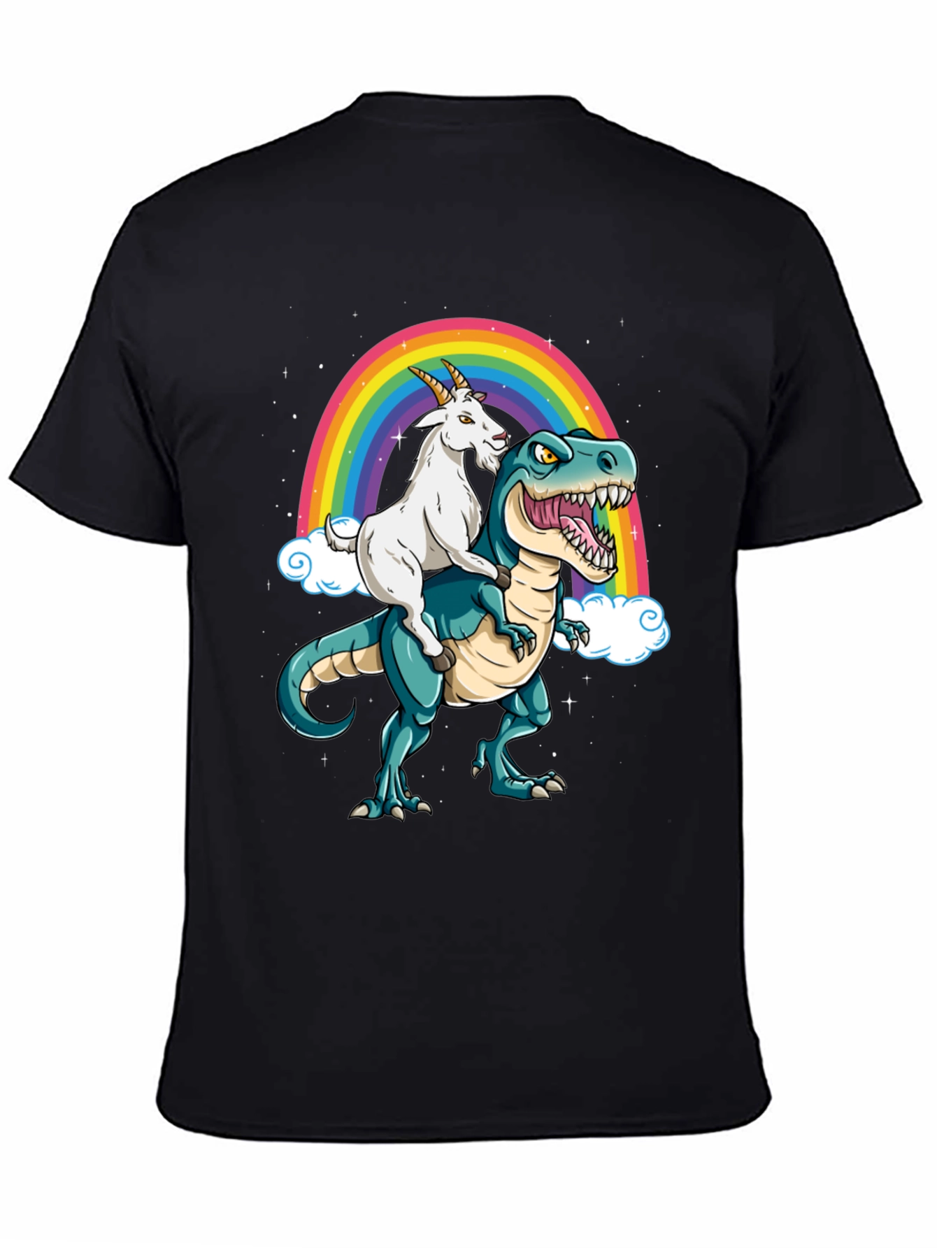 Goat Riding Dinosaur Rainbow Graphic Tee