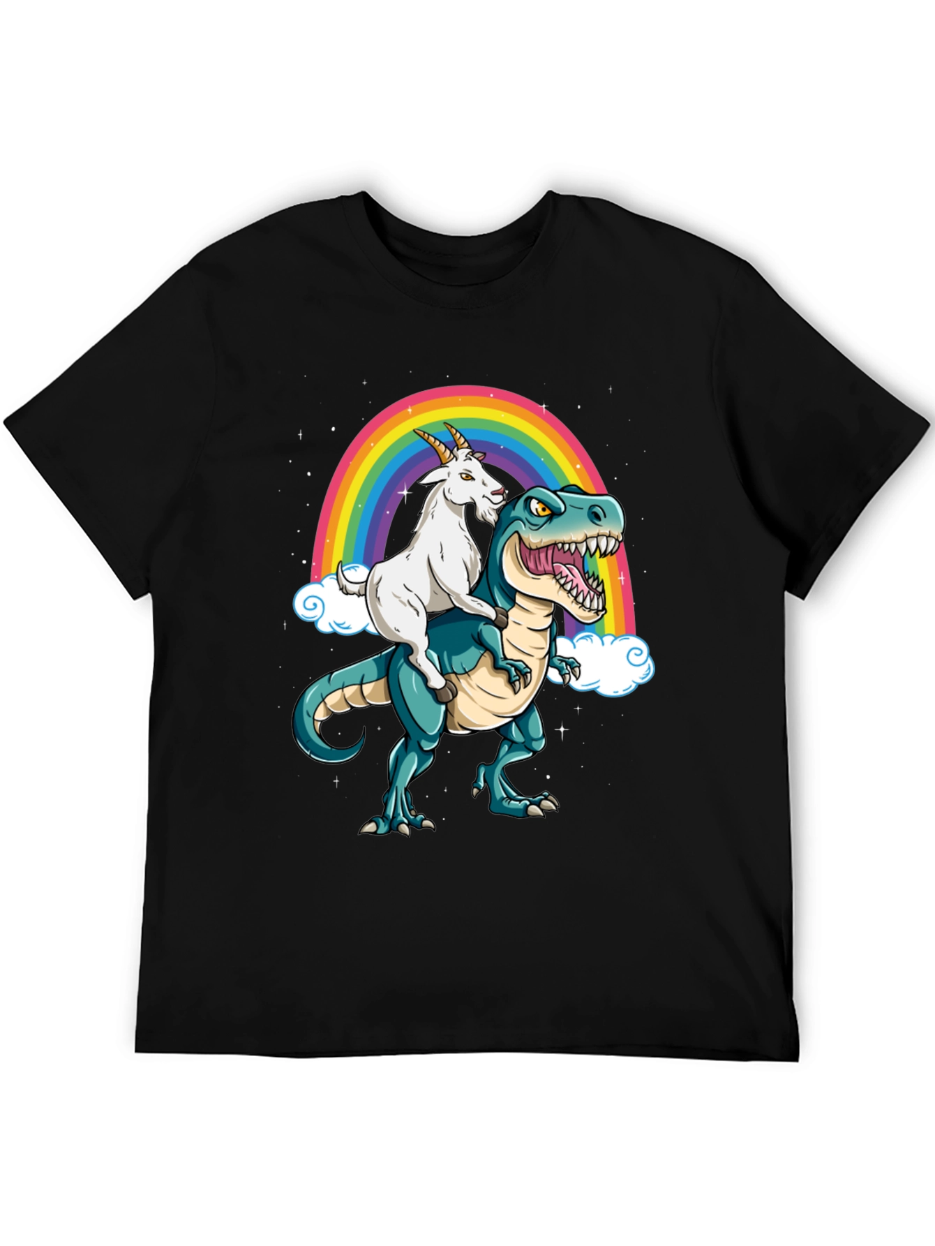 Goat Riding Dinosaur Rainbow Graphic Tee