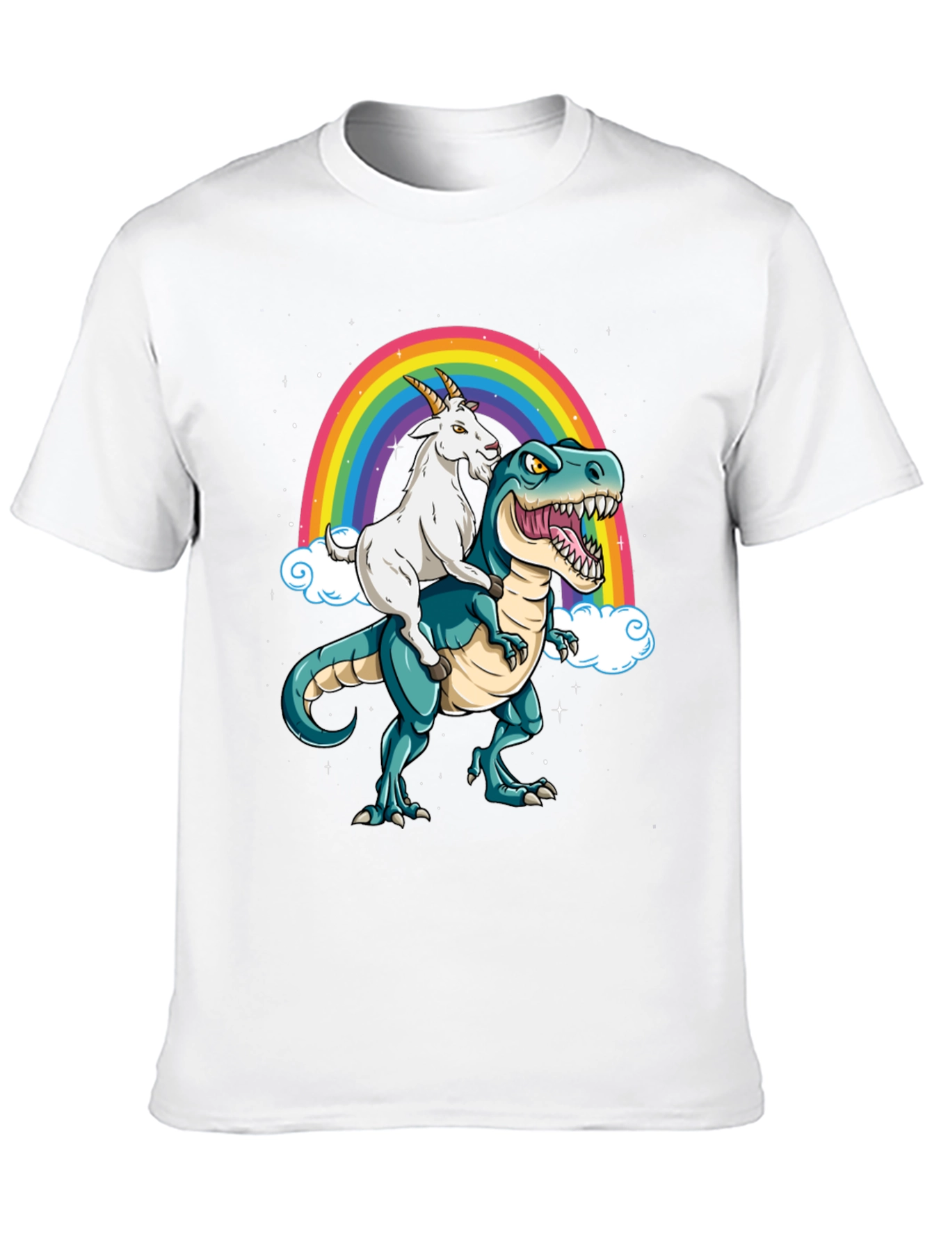 Goat Riding Dinosaur Rainbow Graphic Tee