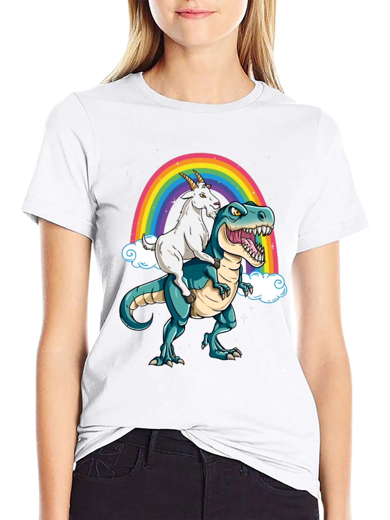 Goat Riding Dinosaur Rainbow Graphic Tee