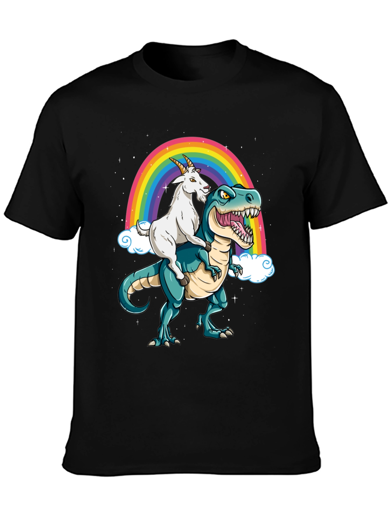 Goat Riding Dinosaur Rainbow Graphic Tee