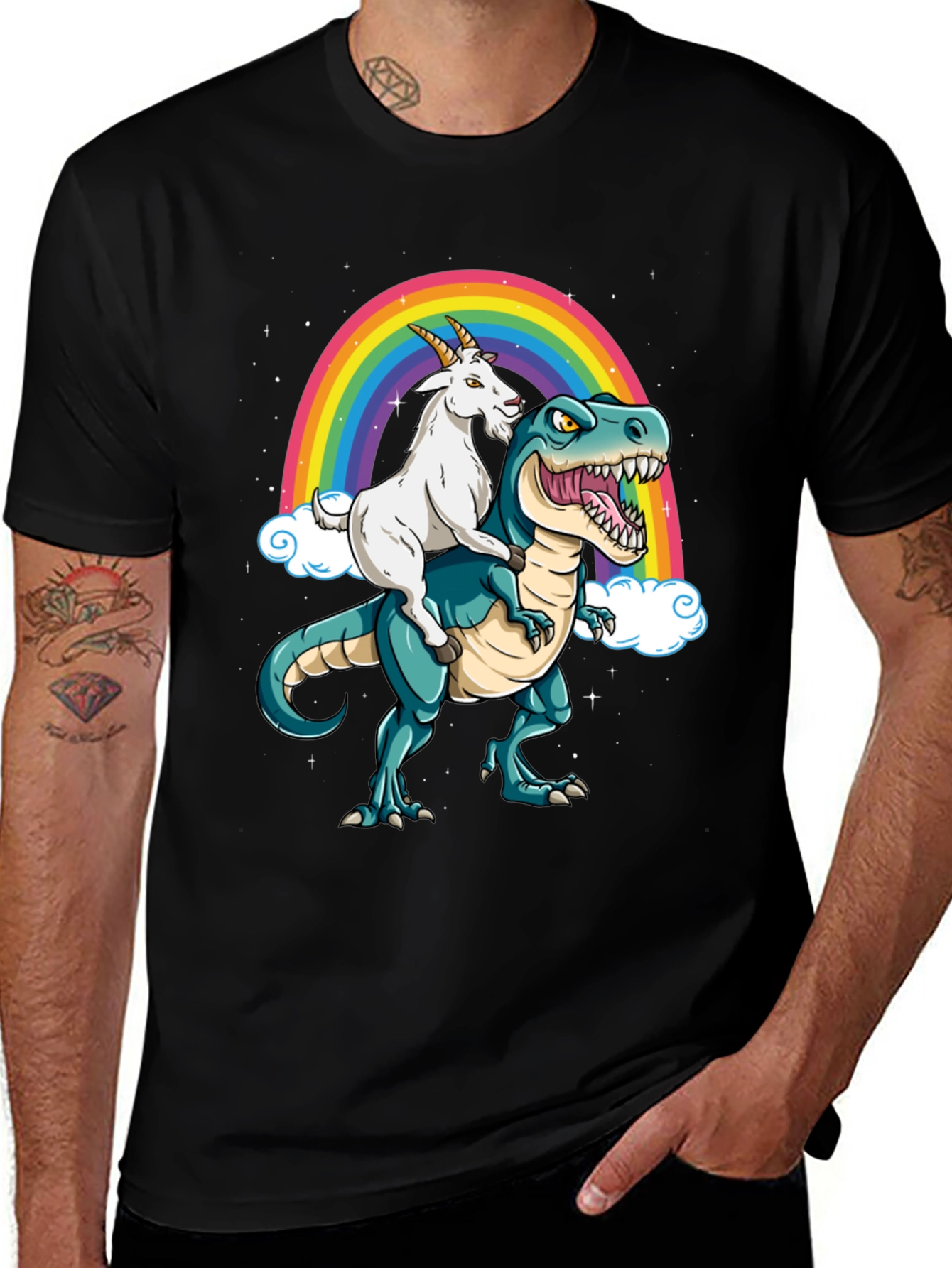 Goat Riding Dinosaur Rainbow Graphic Tee