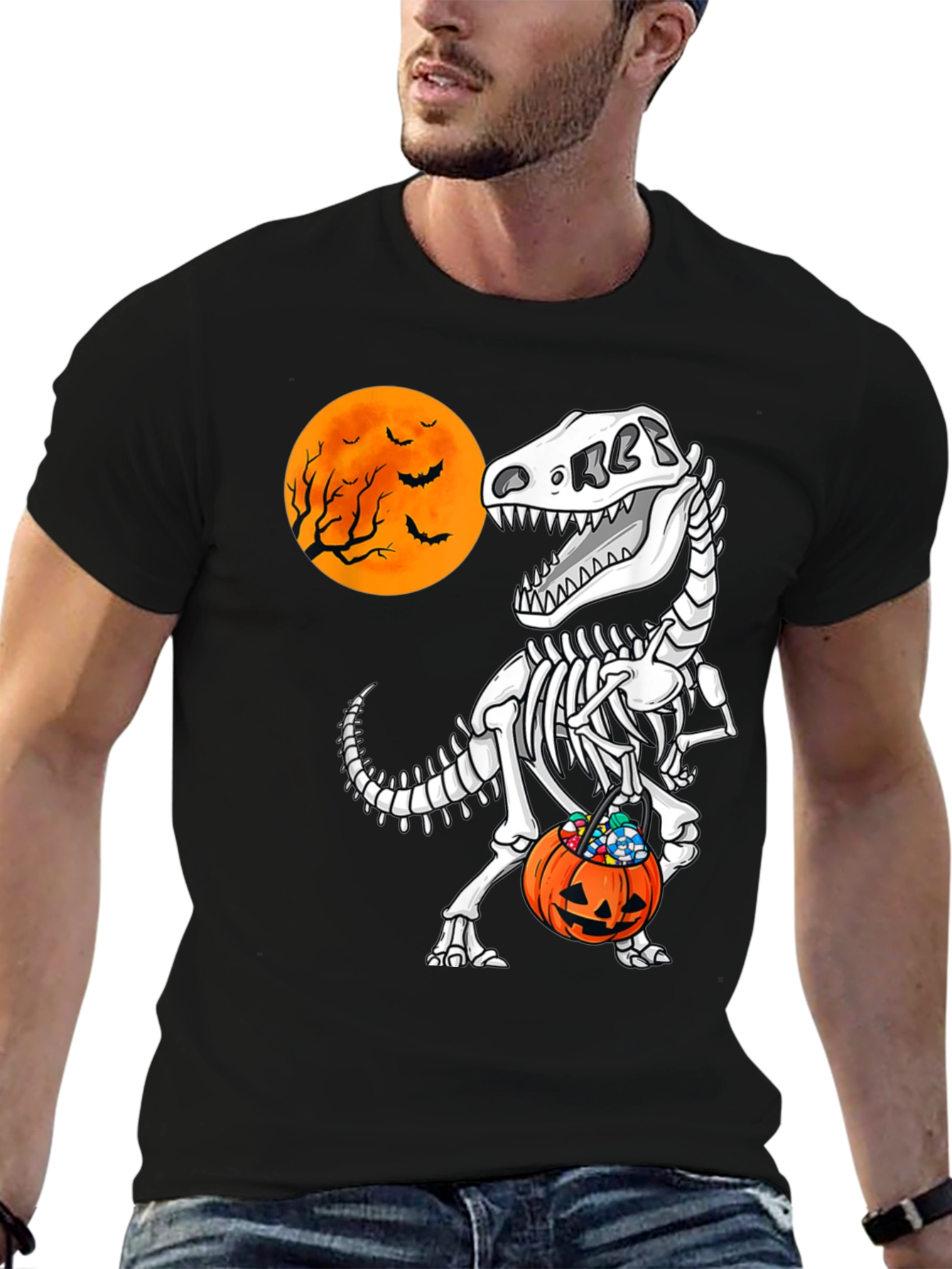 Halloween Dinosaur Skeleton Pumpkin Candy T-Shirt