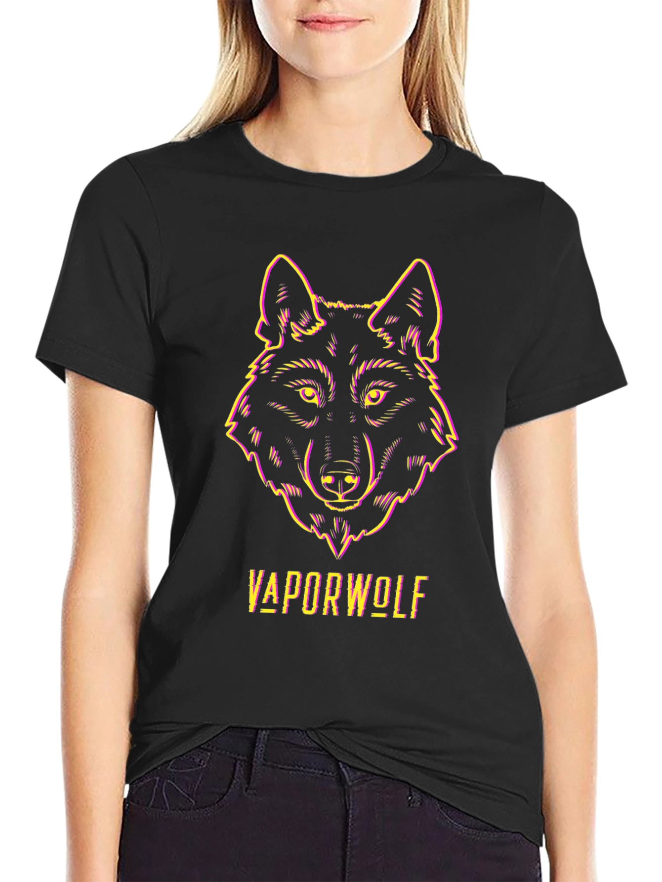 Vaporwave Wolf Graphic Tee - Black Unisex T-Shirt