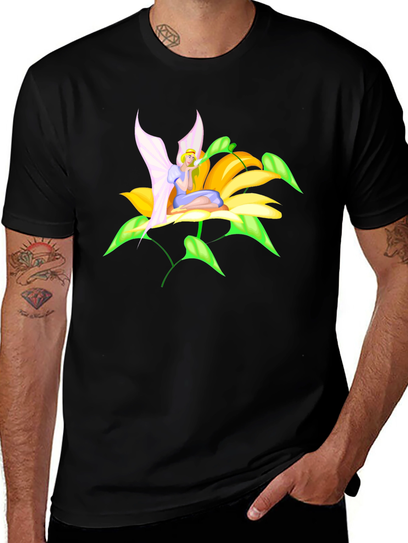 Fairy Flower Graphic Tee - Whimsical Black T-Shirt