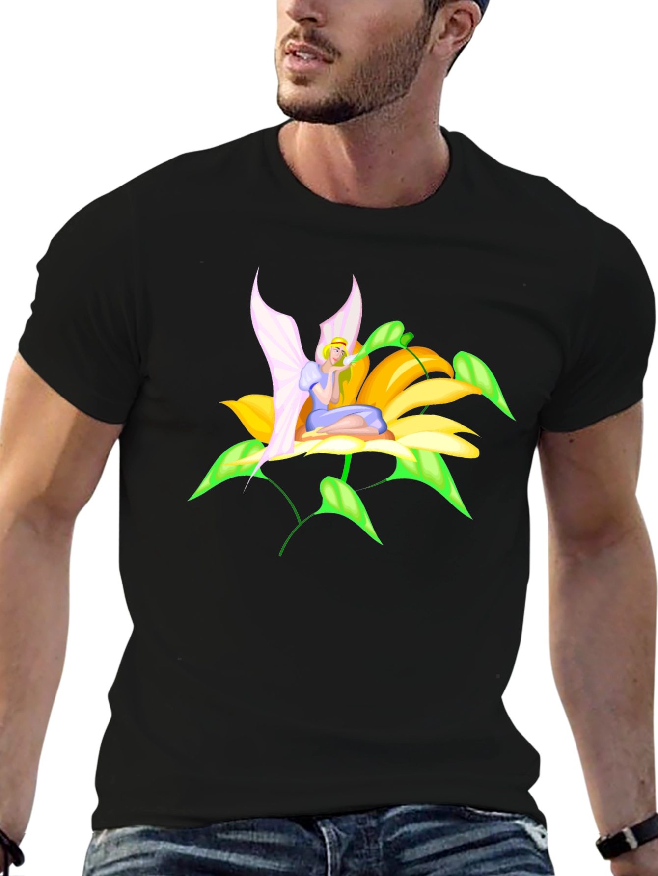 Fairy Flower Graphic Tee - Whimsical Black T-Shirt