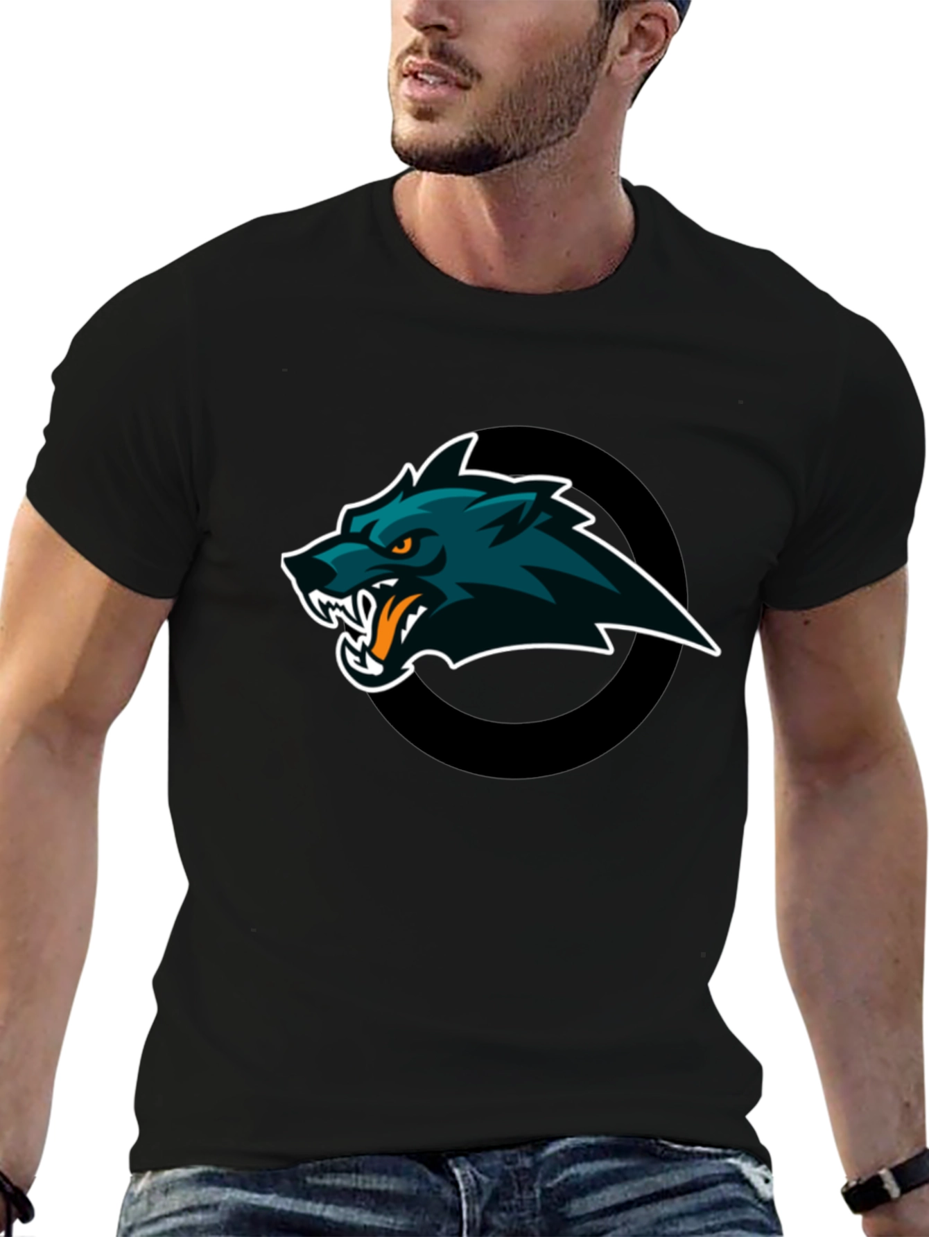 Mens Black T-Shirt with Wolf Graphic Design