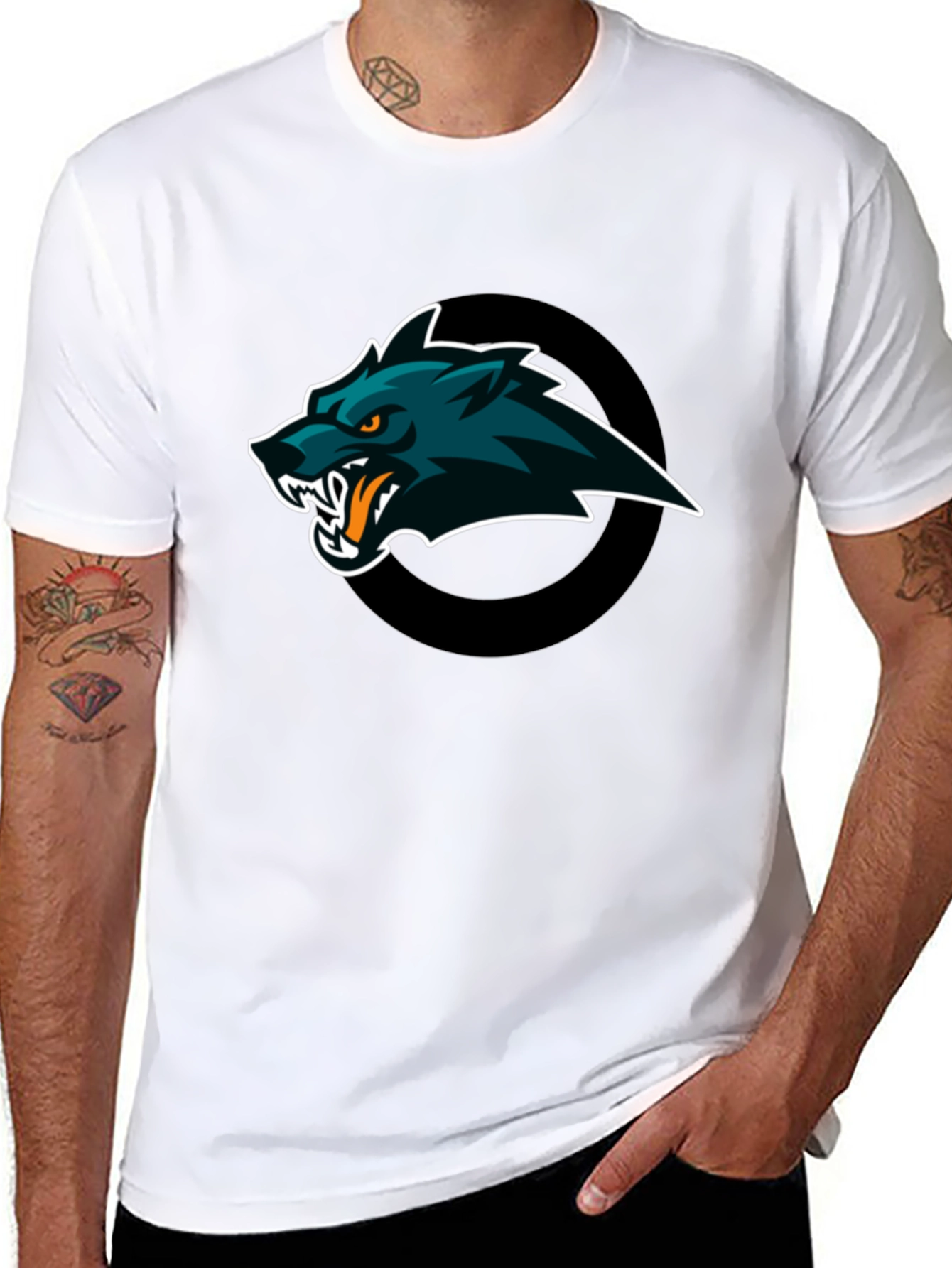 Mens Black T-Shirt with Wolf Graphic Design