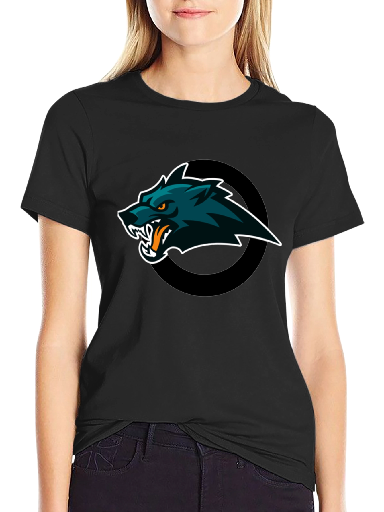 Mens Black T-Shirt with Wolf Graphic Design