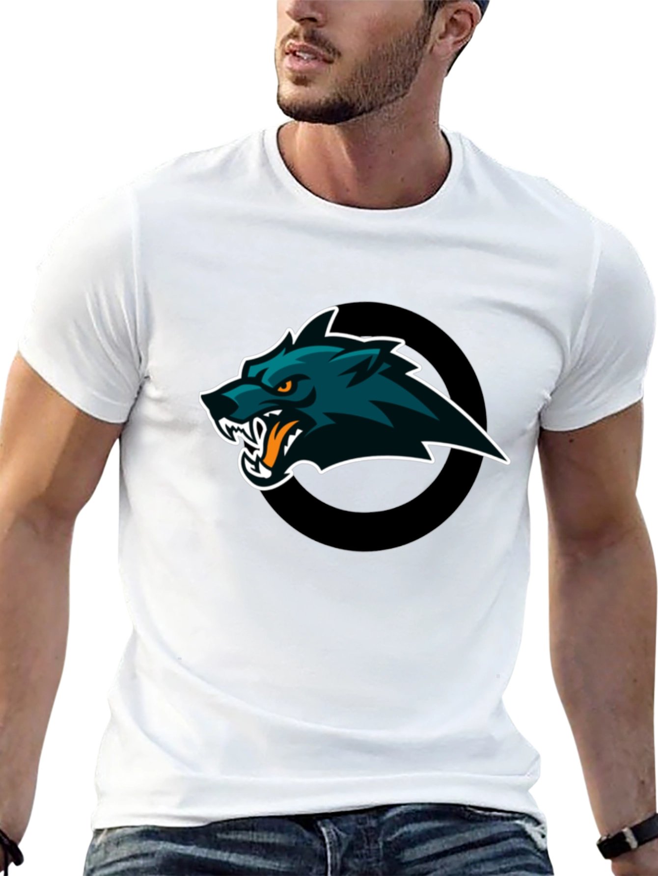 Mens Black T-Shirt with Wolf Graphic Design