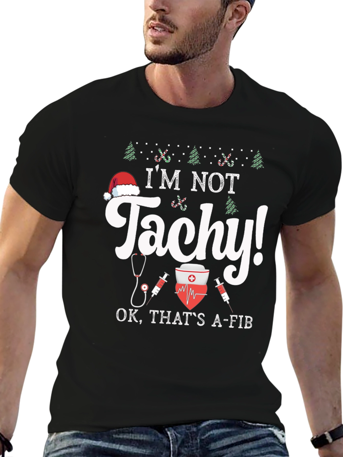 Funny Christmas Nurse Tachycardia A-fib Black T-Shirt