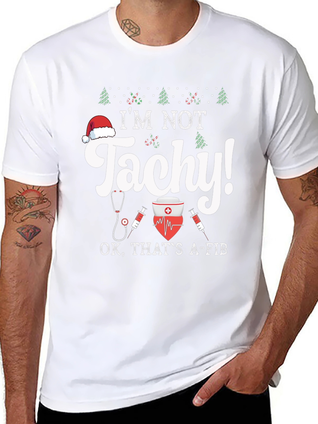 Funny Christmas Nurse Tachycardia A-fib Black T-Shirt
