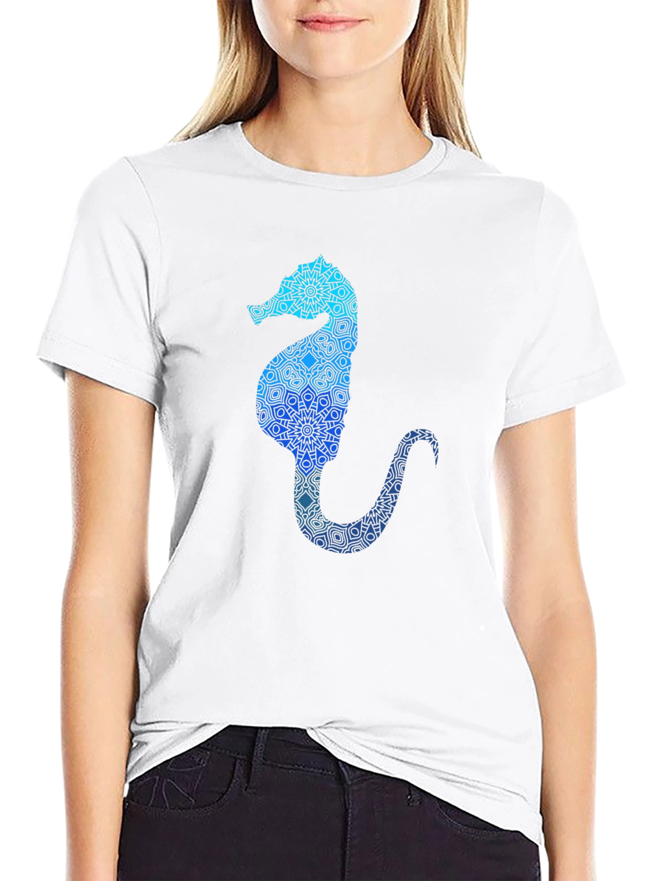 Blue Seahorse Graphic T-Shirt - Unique Mandala Design
