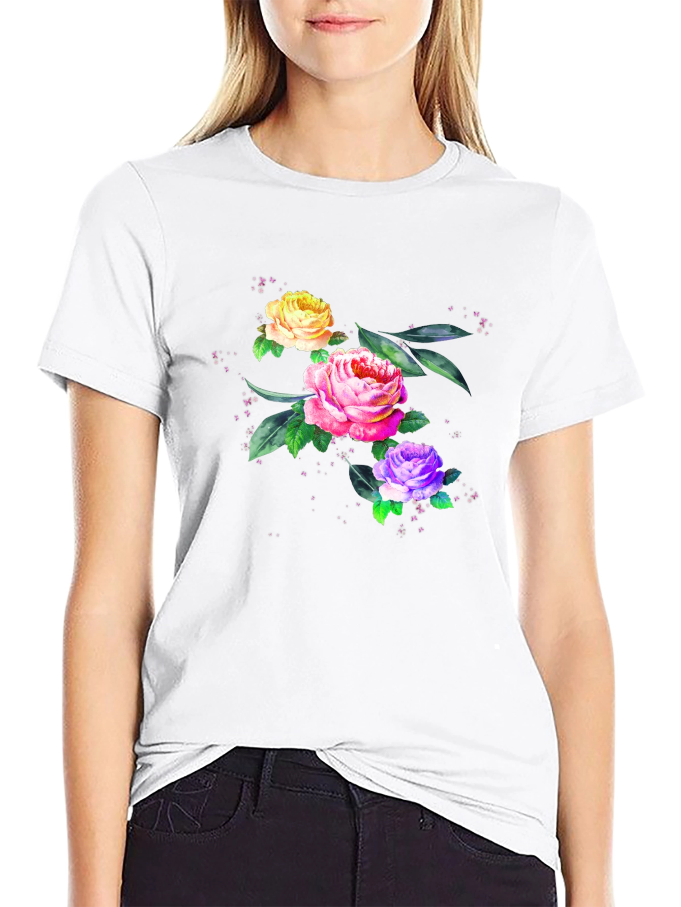 Floral Roses Graphic Print Tee - Black
