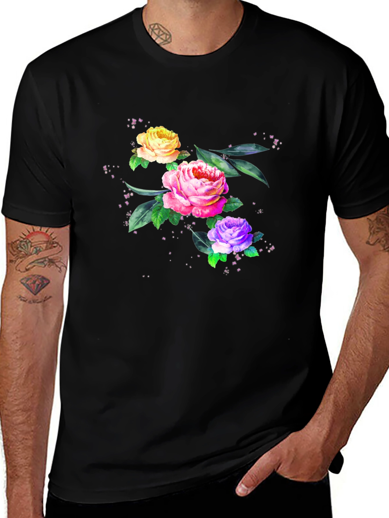 Floral Roses Graphic Print Tee - Black
