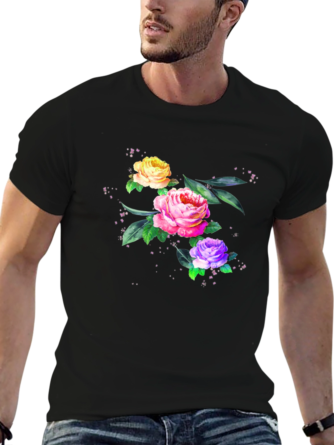 Floral Roses Graphic Print Tee - Black