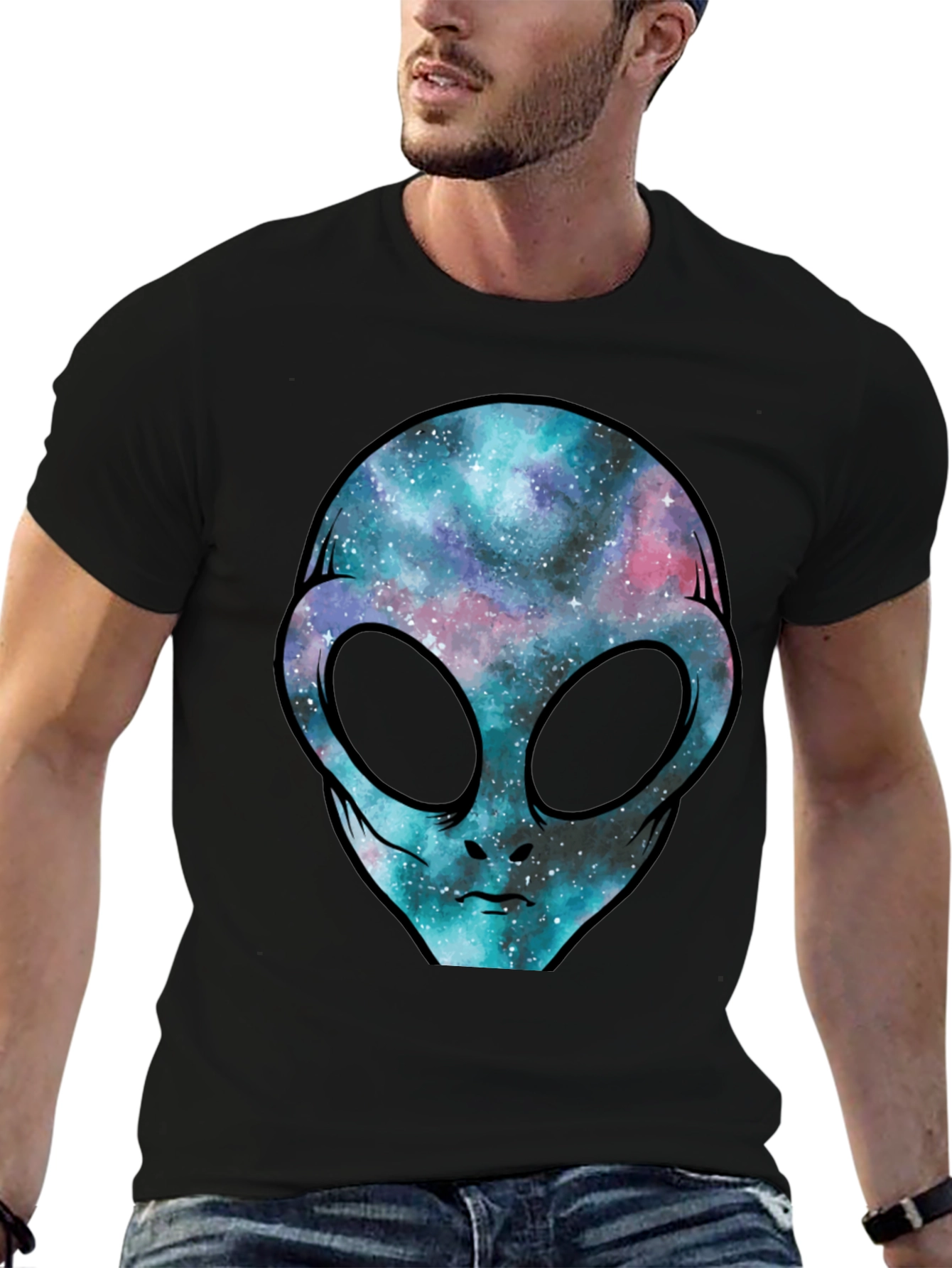 Cosmic Alien Graphic Tee - Black Cotton T-Shirt