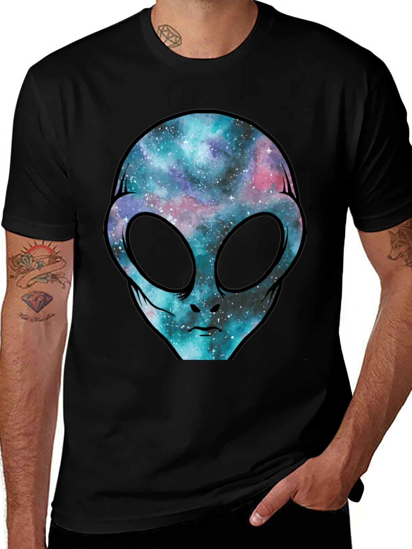 Cosmic Alien Graphic Tee - Black Cotton T-Shirt